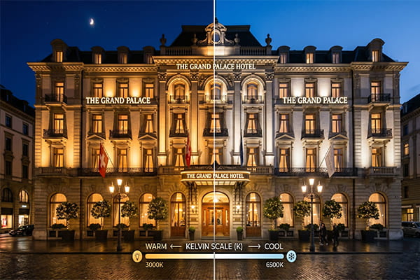 Comparison of different color temperatures on a building facade